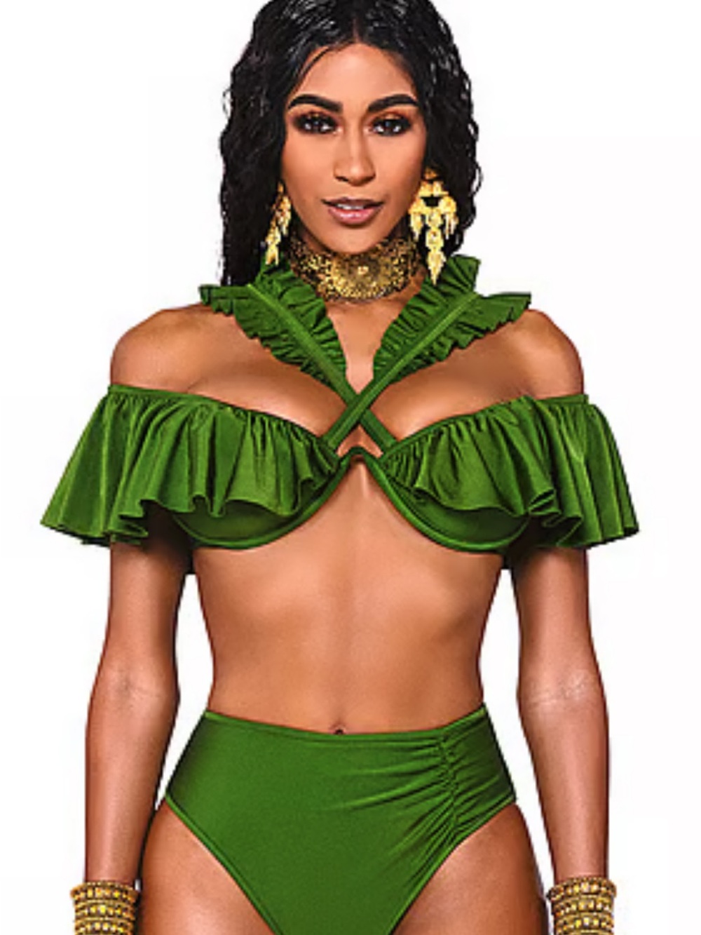 Ruffled Off-Shoulder Swim Camisole in Green